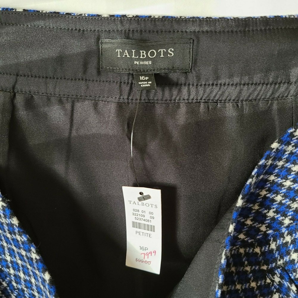 Talbots Petites Plaid Pencil Skirt Curved Side Slits Blue Black White Sz 16P NWT - Picture 5 of 8